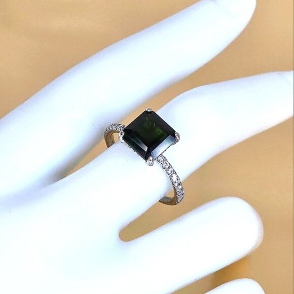 925 Sterling Silvet Ring SZ 8 with Natural Chrome Diopside 8x8mm & CZ - Picture 5 of 10